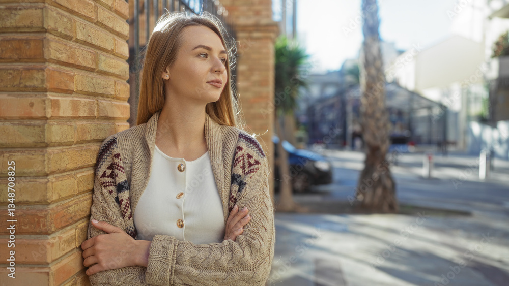 Fototapeta premium Woman standing with crossed arms on urban street, wearing cozy cardigan and looking thoughtfully into distance, sunlight highlighting her thoughtful expression and blonde hair.