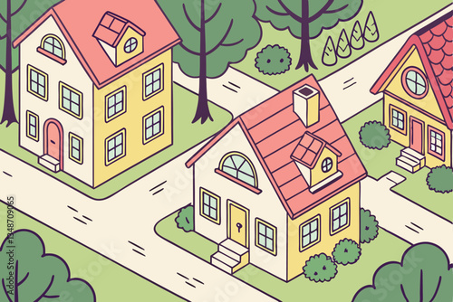 17 Colorful village landscape, densely packed houses, vibrant rooftops, hillside community, whimsical illustration style, cheerful colors, cartoon-like buildings, green trees, urban sprawl, playful ar