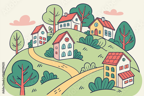 17 Colorful village landscape, densely packed houses, vibrant rooftops, hillside community, whimsical illustration style, cheerful colors, cartoon-like buildings, green trees, urban sprawl, playful ar