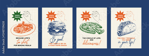 Vintage sketch fast food poster set. Perfect for menu design, restaurant interior and packaging ads. Hand drawn vector illustrations. Not AI generation