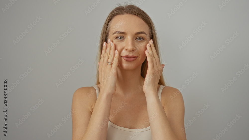 Woman touching face with gentle hands on a white background, showcasing natural beauty and skincare in an isolated setting, wearing a casual top and looking serene. Woman touching face with gentle hands on a white background, showcasing natural beauty and skincare in an isolated setting, wearing a casual top and looking serene.