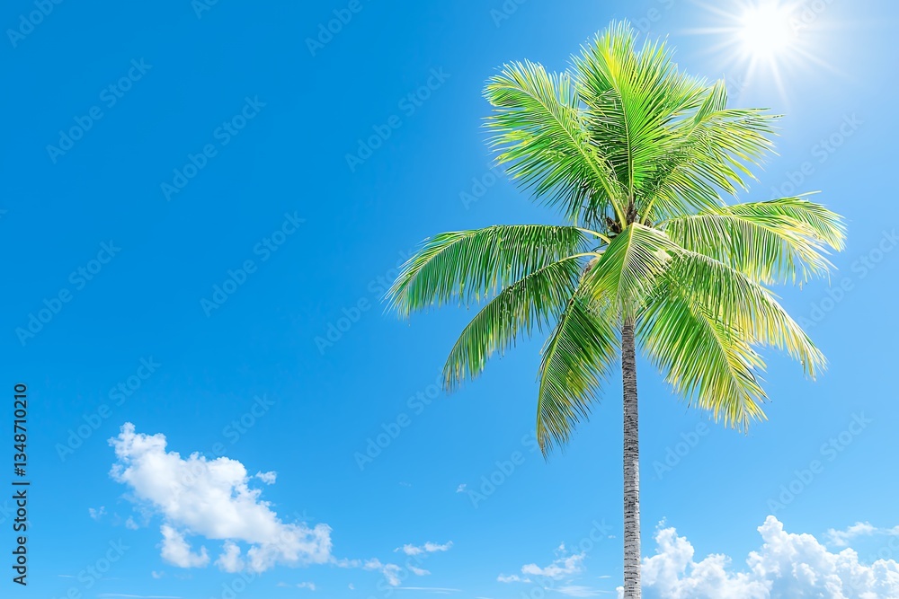 Fototapeta premium Tall palm tree against a bright blue sky with fluffy clouds.