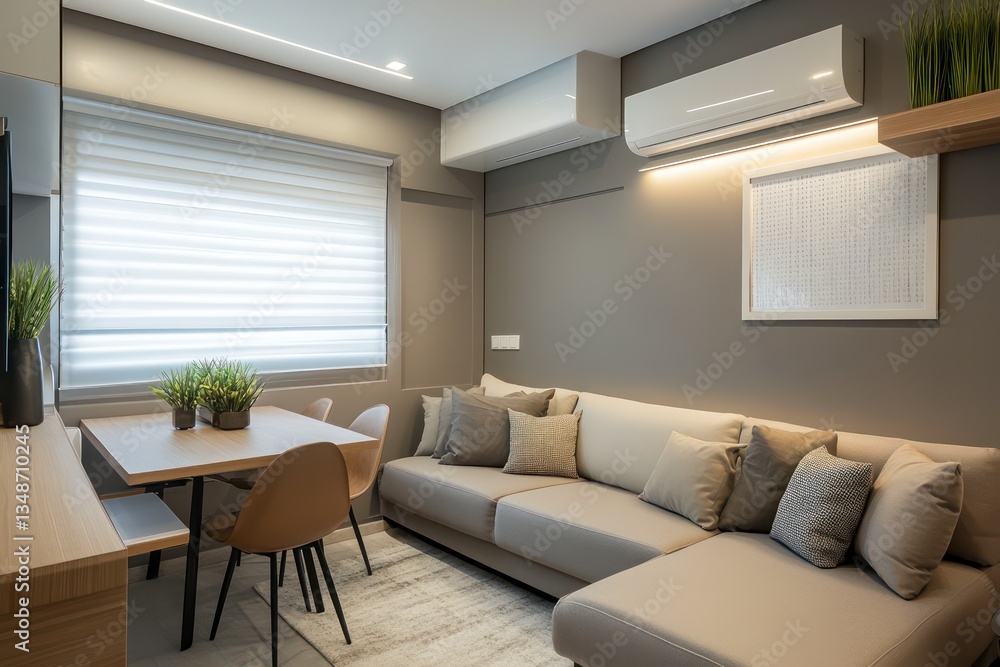 Fototapeta premium A compact modern apartment with minimalist decor, a small dining table, a sleek sectional sofa, and a clever wall-mounted workspace