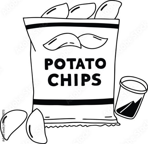 Illustration of a Packet of Potato Chips in Black and White Outline Style