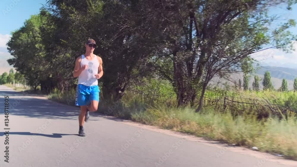 A man in athletic wear runs along a trail, surrounded by lush green trees and breathtaking mountain landscapes. Regular training maintains his fitness while building endurance and strength. A man in athletic wear runs along a trail, surrounded by lush green trees and breathtaking mountain landscapes. Regular training maintains his fitness while building endurance and strength.