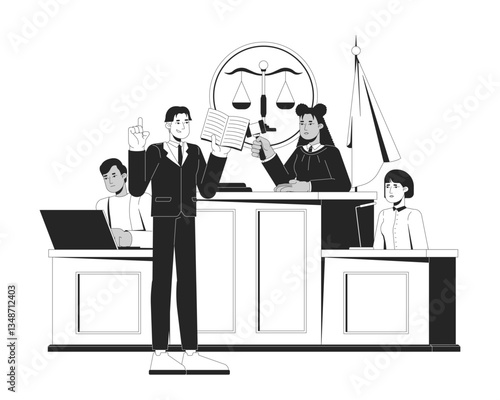 Courtroom trial with judge, lawyer and witness outline illustration. Court case. Legal proceedings. Judicial authority attorney 2D line characters isolated on white. Monochrome vector ink linear image