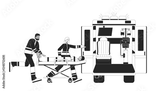 Paramedics loading patient into ambulance outline illustration. Urgent care. Medical first responders with emergency stretcher 2D line characters isolated on white. Monochrome vector ink linear image