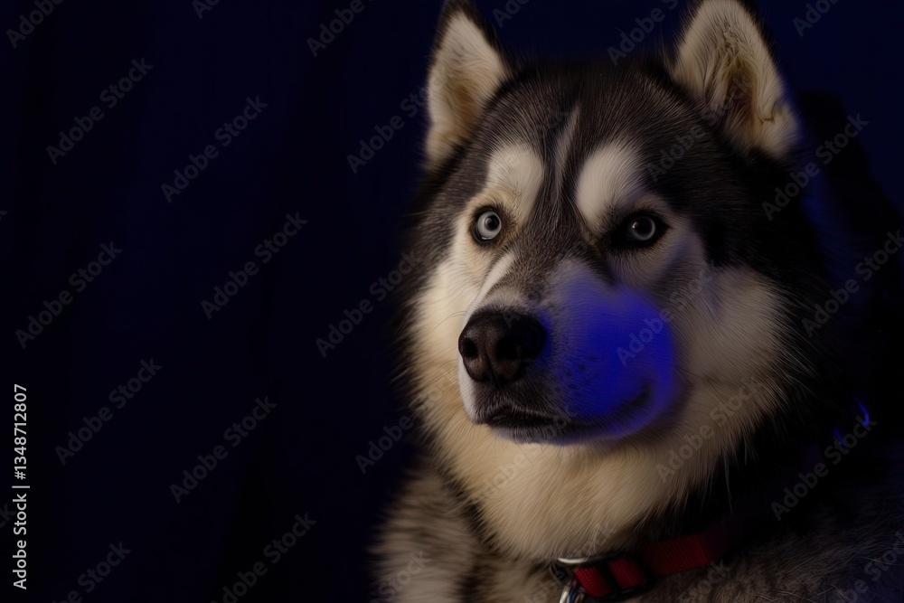 Well-Groomed Malamute Dog Sitting on Navy Blue Background with Lighting Well-Groomed Malamute Dog Sitting on Navy Blue Background with Lighting
