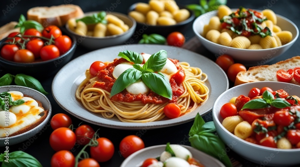 The text describes a visually appealing Italian spread featuring pasta dishes with cherry tomatoes, basil, and cheese, surrounded by gnocchi and bruschetta. The vibrant scene highlights the colorful a The text describes a visually appealing Italian spread featuring pasta dishes with cherry tomatoes, basil, and cheese, surrounded by gnocchi and bruschetta. The vibrant scene highlights the colorful a