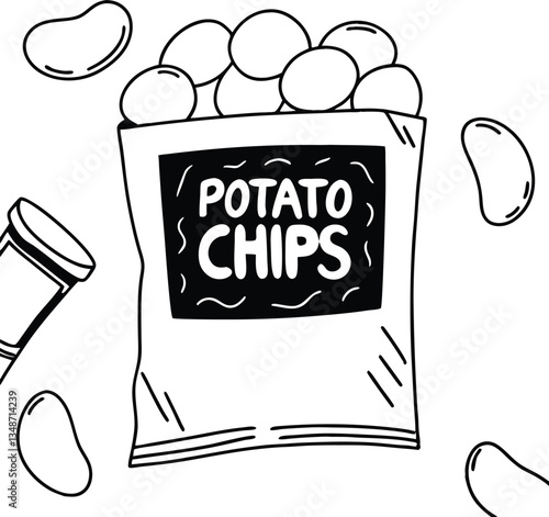 Illustration of a Packet of Potato Chips in Black and White Outline Style
