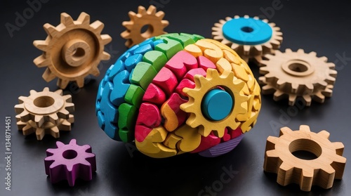 Colorful wooden gears interact with a human brain, symbolizing unique thinking patterns, individuality, and creative problem-solving associated with autism and neurodiverse minds.