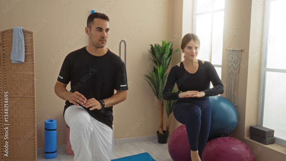 Obraz premium Man and woman exercising together indoors at a gym, focusing on balance and fitness using exercise balls, showcasing active lifestyle and wellness in a sports center.