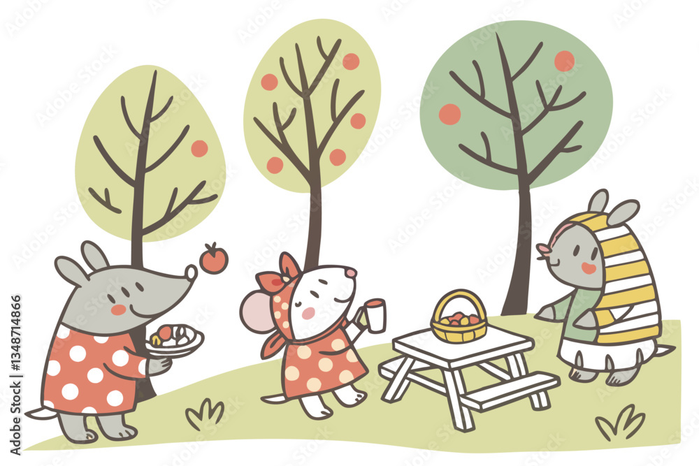 Naklejka premium 18 Whimsical cartoon characters, anthropomorphic animals, colorful outfits, stylized trees, playful activities, children's book illustration style, naive art, hand-drawn aesthetic, diverse creatures, 