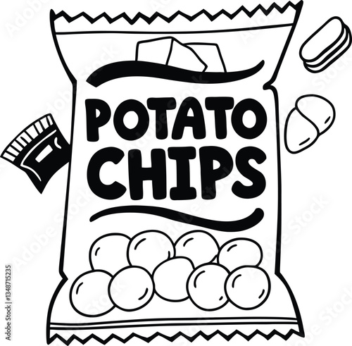 Illustration of a Packet of Potato Chips in Black and White Outline Style