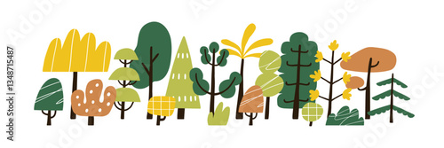 Trees, forest plants in horizontal row. Fall woodland. Woods nature with stylized trunks, crowns in scandinavian simple naive style. Cute doodle flat vector illustration isolated on white background
