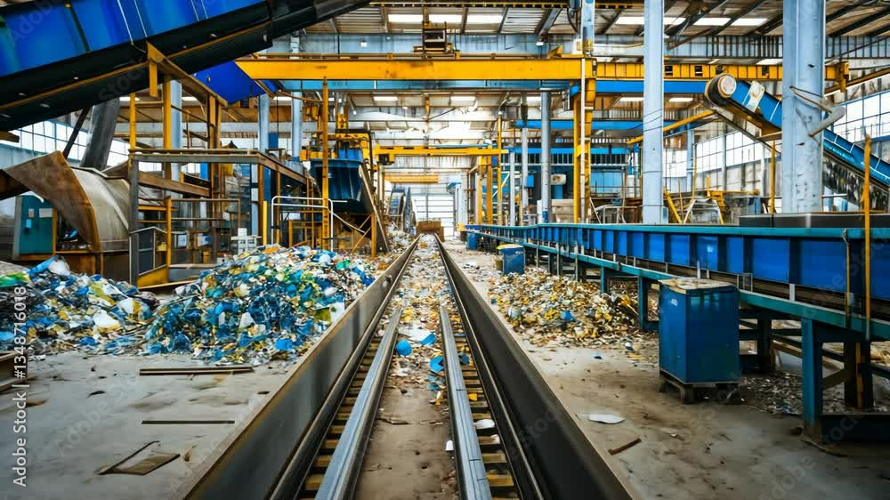 Sorting of recyclable materials happens in a busy waste management facility with conveyor belts and machinery at work Sorting of recyclable materials happens in a busy waste management facility with conveyor belts and machinery at work