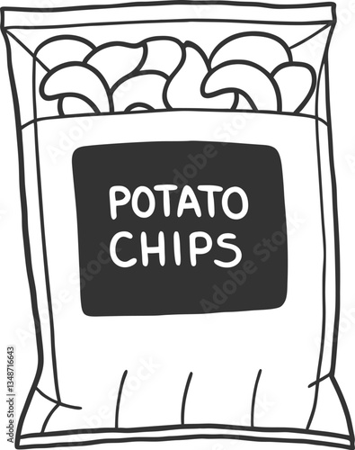 Illustration of a Packet of Potato Chips in Black and White Outline Style