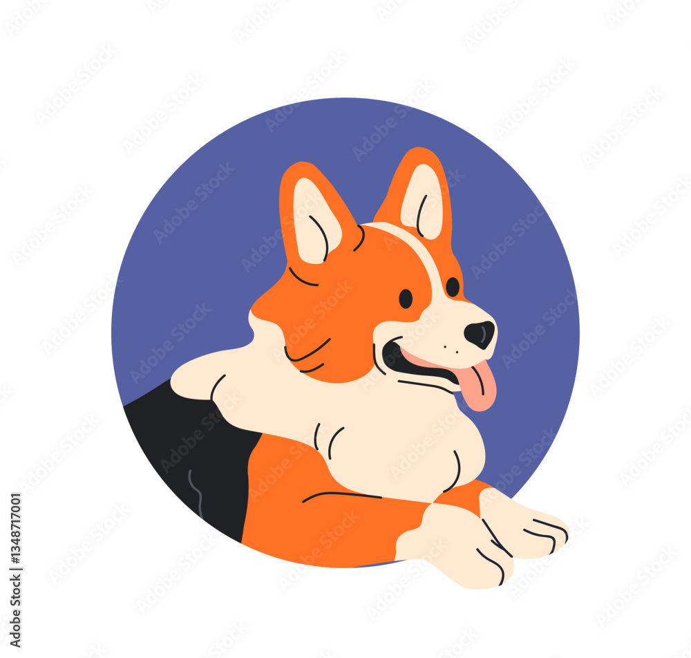 Corgi puppy portrait. Cute canine animal head avatar. Happy smiling dog muzzle with tongue and paws. Funny pup pet peeking through round hole. Flat vector illustration isolated on white background Corgi puppy portrait. Cute canine animal head avatar. Happy smiling dog muzzle with tongue and paws. Funny pup pet peeking through round hole. Flat vector illustration isolated on white background