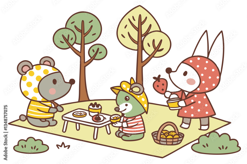 Obraz premium 18 Whimsical cartoon characters, anthropomorphic animals, colorful outfits, stylized trees, playful activities, children's book illustration style, naive art, hand-drawn aesthetic, diverse creatures, 