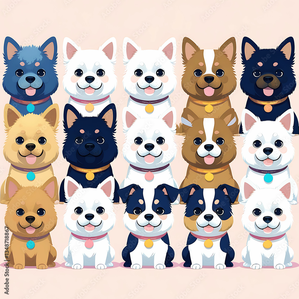 Group of sitting dogs in different breeds.Running, standing, sniffing, jumping dogs. Isolated on a white background. Group of sitting dogs in different breeds.Running, standing, sniffing, jumping dogs. Isolated on a white background.