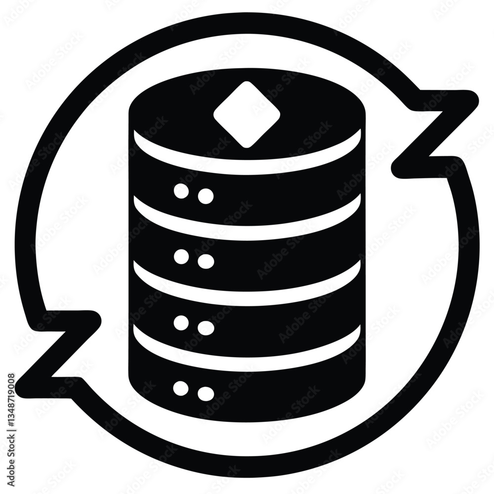 Database icon, circular design, stacked cylinders, data storage symbol, black and white, minimal graphic, tech logo, software icon, data management, circular arrow, refresh symbol, Database icon, circular design, stacked cylinders, data storage symbol, black and white, minimal graphic, tech logo, software icon, data management, circular arrow, refresh symbol,