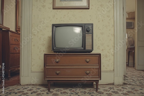 Vintage television set on a wooden dresser in a retro-styled room. The muted colors and antique furniture create a nostalgic atmosphere.