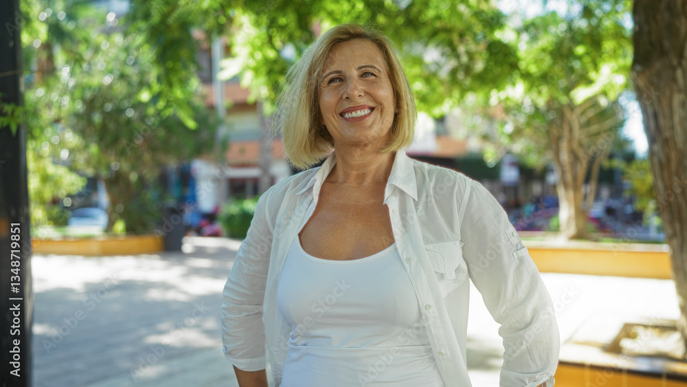 Blonde mature caucasian woman with short hair smiling outdoors in a city park, showcasing natural beauty and contentment in a tranquil urban environment. Blonde mature caucasian woman with short hair smiling outdoors in a city park, showcasing natural beauty and contentment in a tranquil urban environment.