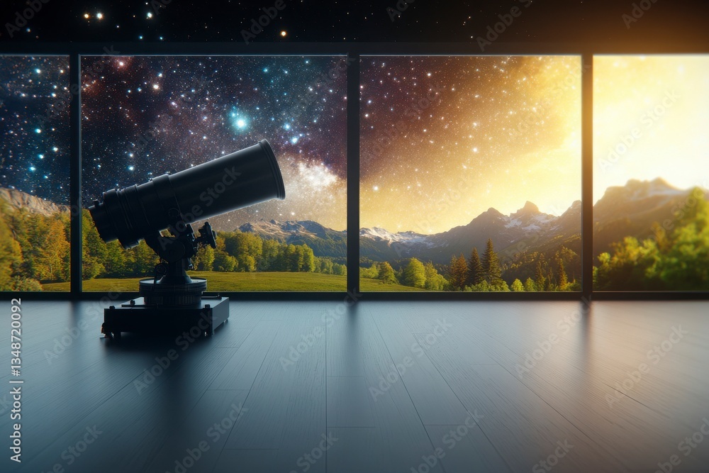 Fototapeta premium Stunning Telescope Viewing Cosmic Landscape Through Large Windows