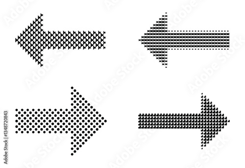 Halftone arrow variations, abstract halftone arrows set – geometric pixel and dot pattern directional icons.