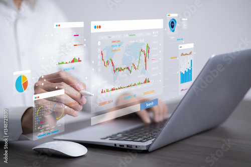 Working Data Analytics and Data Management Systems and Metrics connected to corporate strategy database for Finance, Intelligence, Business Analytics with Key Performance Indicators, social network