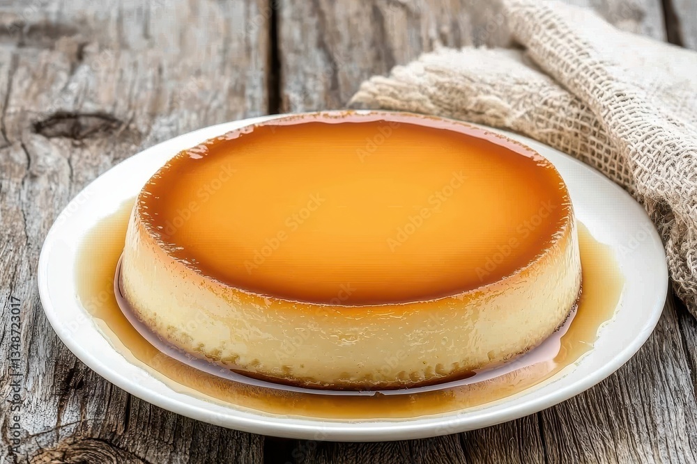 Flan (Latin America/Spain) A smooth and glossy flan on a white plate, with caramel sauce pooling Flan (Latin America/Spain) A smooth and glossy flan on a white plate, with caramel sauce pooling