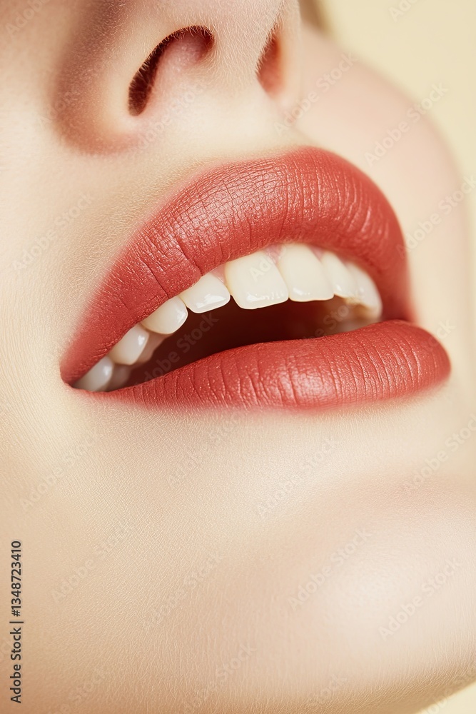 Obraz premium Perfect lips. Beauty of young woman. Smile. Natural plump full lips. Biting lip.