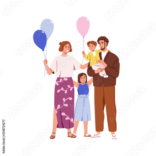 Happy family, parents and children with festive balloons. Mom, dad and kids standing together, smiling, hugging, celebrating holiday fun. Mother, father and child, toddler. Flat vector illustration