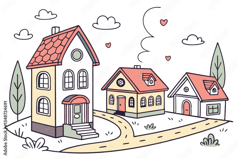 21 Colorful cartoon houses, simple architectural illustrations, diverse building styles, flat design, white background, cute neighborhood, miniature town, varied rooflines, playful color palette, whim 21 Colorful cartoon houses, simple architectural illustrations, diverse building styles, flat design, white background, cute neighborhood, miniature town, varied rooflines, playful color palette, whim