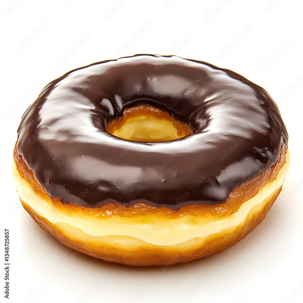A glazed boston cream doughnut with smooth chocolate glaze and a rich cream filling. A glazed boston cream doughnut with smooth chocolate glaze and a rich cream filling.