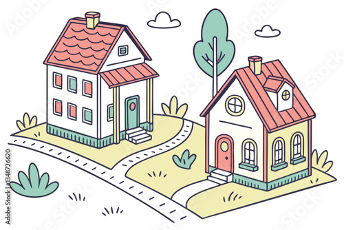 21 Colorful cartoon houses, simple architectural illustrations, diverse building styles, flat design, white background, cute neighborhood, miniature town, varied rooflines, playful color palette, whim
