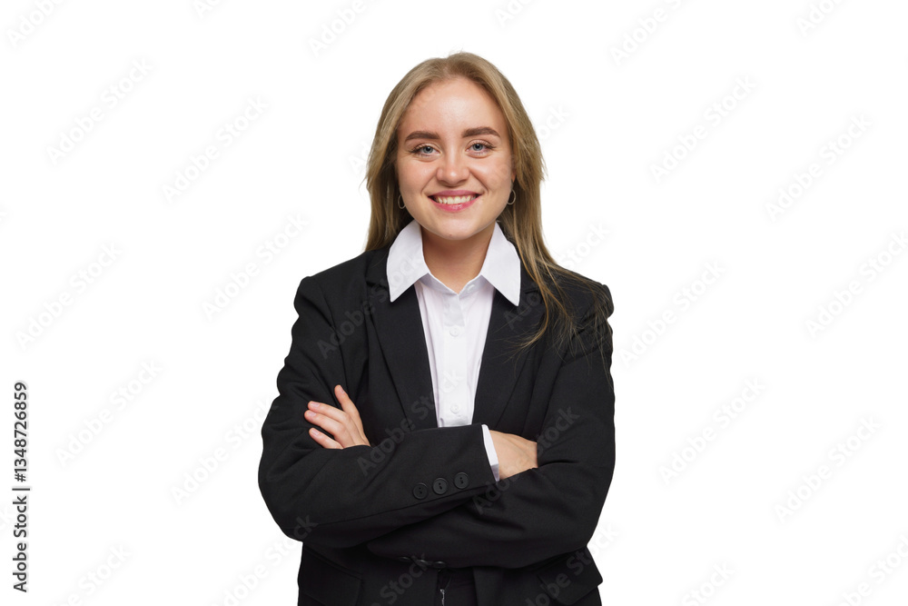 Smiling woman in a formal suit stands confidently with arms crossed against white background Smiling woman in a formal suit stands confidently with arms crossed against white background