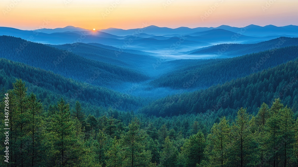 Stunning view of misty valleys and rolling mountains at sunrise, showcasing nature's beauty and tranquility Stunning view of misty valleys and rolling mountains at sunrise, showcasing nature's beauty and tranquility