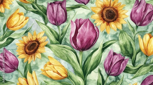 Wallpaper Mural Watercolor Tulips and Sunflowers Pattern Torontodigital.ca