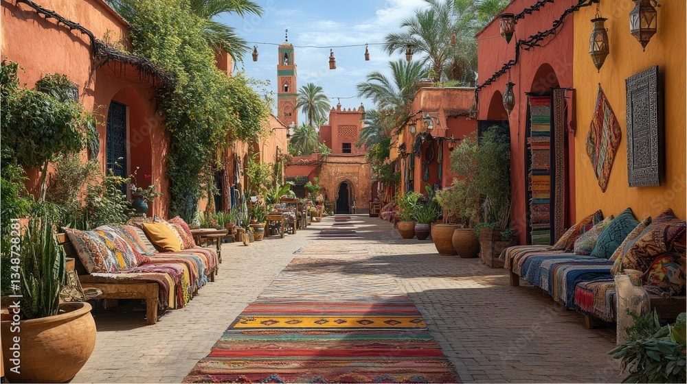 Obraz premium Vibrant marketplace street in a Moroccan village showcasing colorful textiles, lush greenery, and traditional architecture