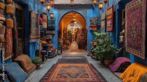 Vibrant alleyway filled with colorful rugs and lanterns in a traditional Moroccan market showcasing rich cultural heritage