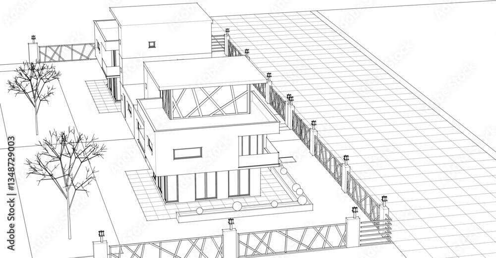 Naklejka premium modern townhouse sketch 3d illustration