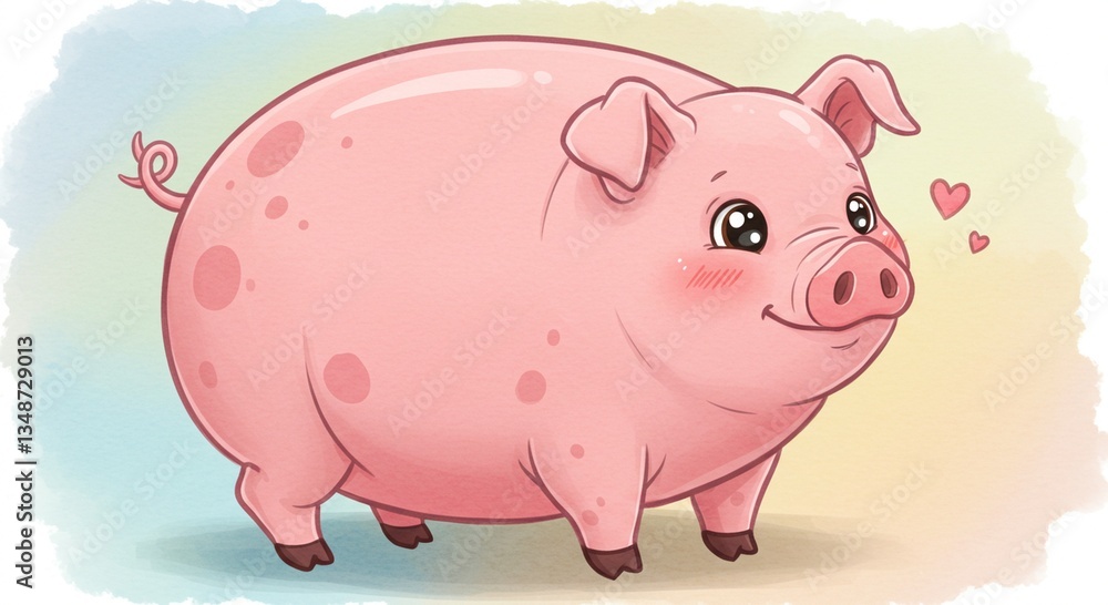 Fototapeta premium Adorable Pink Pig Cartoon Illustration Cute Farm Animal Happy Piggy Sweet Character Design
