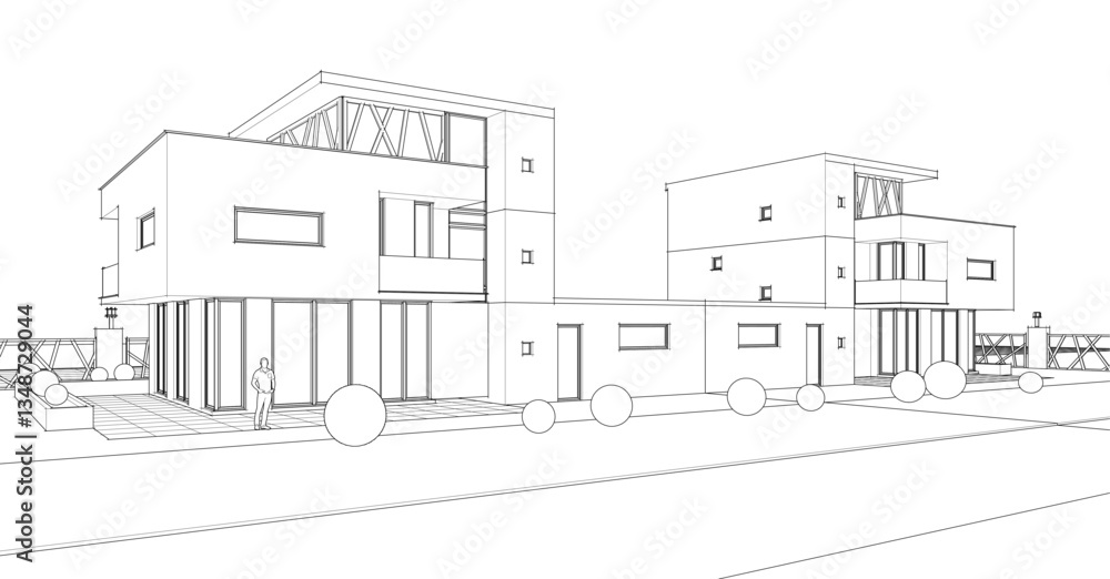 Fototapeta premium modern townhouse sketch 3d illustration
