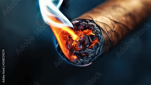 Burning cigarette in hand with smoke on a dark background