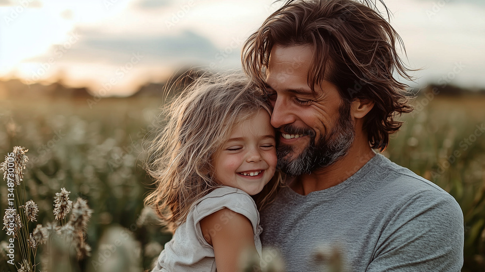 Obraz premium A young daughter hugs her father, sharing a joyful, tender moment in a field during sunset, their smiles full of warmth and love. Happy family.
