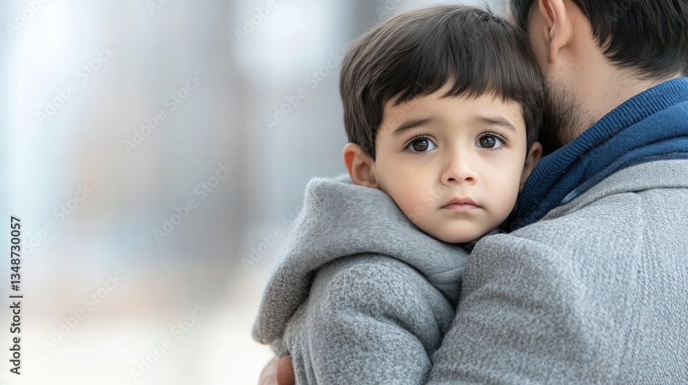 Father holding young boy in warm clothing with concerned expression. Family care Father holding young boy in warm clothing with concerned expression. Family care