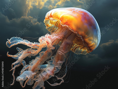 Golden jellyfish swim in fantacy world. 