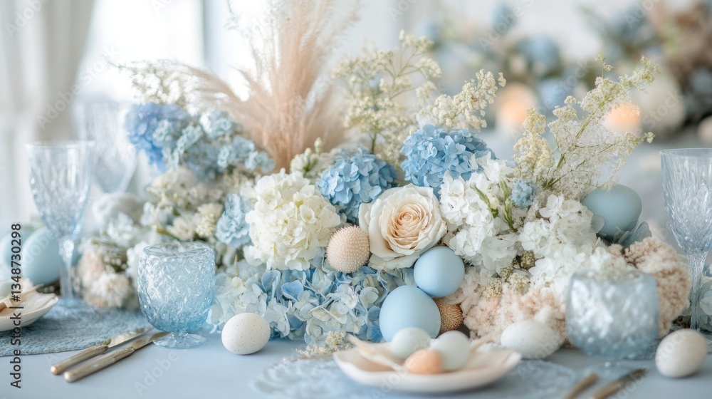 Obraz premium Elegant Easter Table Setting With Pastel Blue Flowers And Eggs