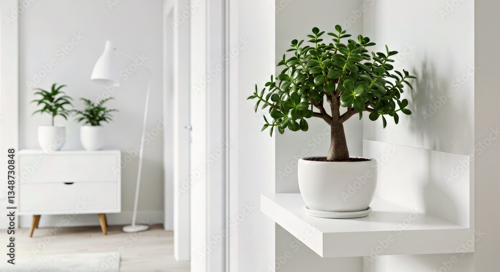 Fototapeta premium A Dwarf Jade (Portulacaria Afra) Bonsai Styled as a Minimalist and Elegant Plant on a Clean White Shelf in a Modern Interior-